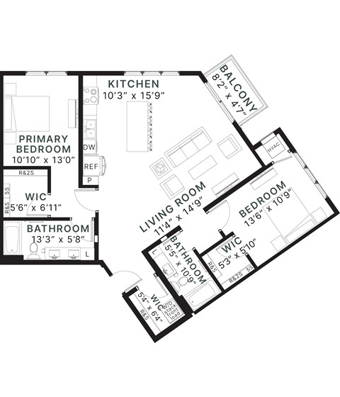 Floor plan for 2 beds, 2 baths, 1238 sqft